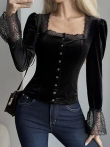 Livesso Women's Lace Patchwork Slim Fit Versatile Long Sleeve Blouse For Daily Wear Fall Vacation - Black - View 6
