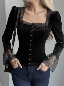 Livesso Women's Lace Patchwork Slim Fit Versatile Long Sleeve Blouse For Daily Wear Fall Vacation - Black - View 3