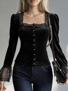 Livesso Women's Lace Patchwork Slim Fit Versatile Long Sleeve Blouse For Daily Wear Fall Vacation - Black - View 1