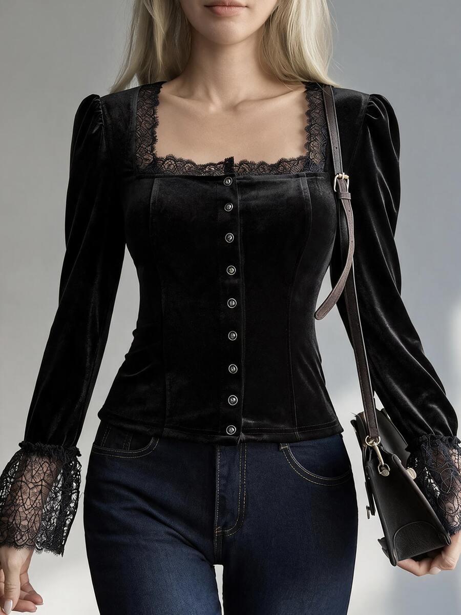 Livesso Women's Lace Patchwork Slim Fit Versatile Long Sleeve Blouse For Daily Wear Fall Vacation - Black - View 1