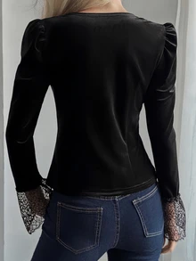 Livesso Women's Lace Patchwork Slim Fit Versatile Long Sleeve Blouse For Daily Wear Fall Vacation - Black - View 2