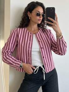 Livesso 女款棉質圓領長袖粉色直條紋鈕扣修身短版寬鬆牛仔外套 秋季 - 粉色 - 查看 6