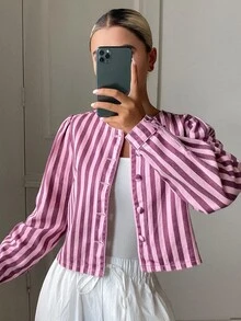Livesso 女款棉質圓領長袖粉色直條紋鈕扣修身短版寬鬆牛仔外套 秋季 - 粉色 - 查看 3