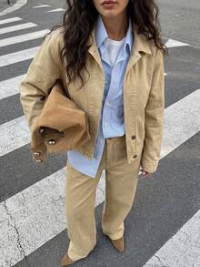 Livesso Women's Cotton Collared Long Sleeve Khaki Green Solid Color Button Large Pocket Loose Short Denim Jacket With Pants Denim Set Autumn Everyday Casual - Khaki - View 7