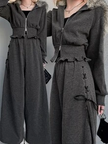FRIFUL Women's Autumn Hooded Fur Collar Drawstring Sweatshirt And Wide Leg Pants Casual 2 Pieces Set - Grey - View 1
