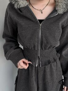 FRIFUL Women's Autumn Hooded Fur Collar Drawstring Sweatshirt And Wide Leg Pants Casual 2 Pieces Set - Grey - View 4