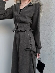 FRIFUL Women's Autumn Hooded Fur Collar Drawstring Sweatshirt And Wide Leg Pants Casual 2 Pieces Set - Grey - View 3