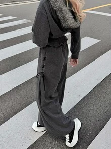 FRIFUL Women's Autumn Hooded Fur Collar Drawstring Sweatshirt And Wide Leg Pants Casual 2 Pieces Set - Grey - View 8