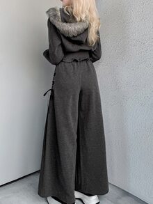 FRIFUL Women's Autumn Hooded Fur Collar Drawstring Sweatshirt And Wide Leg Pants Casual 2 Pieces Set - Grey - View 2