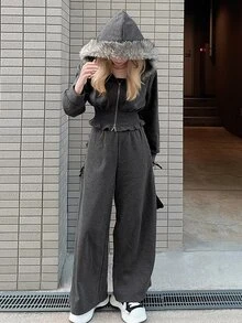 FRIFUL Women's Autumn Hooded Fur Collar Drawstring Sweatshirt And Wide Leg Pants Casual 2 Pieces Set - Grey - View 6