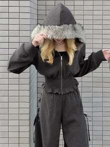 FRIFUL Women's Autumn Hooded Fur Collar Drawstring Sweatshirt And Wide Leg Pants Casual 2 Pieces Set - Grey - View 7