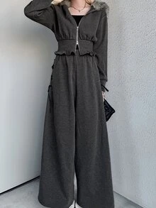 FRIFUL Women's Autumn Hooded Fur Collar Drawstring Sweatshirt And Wide Leg Pants Casual 2 Pieces Set - Grey - View 9