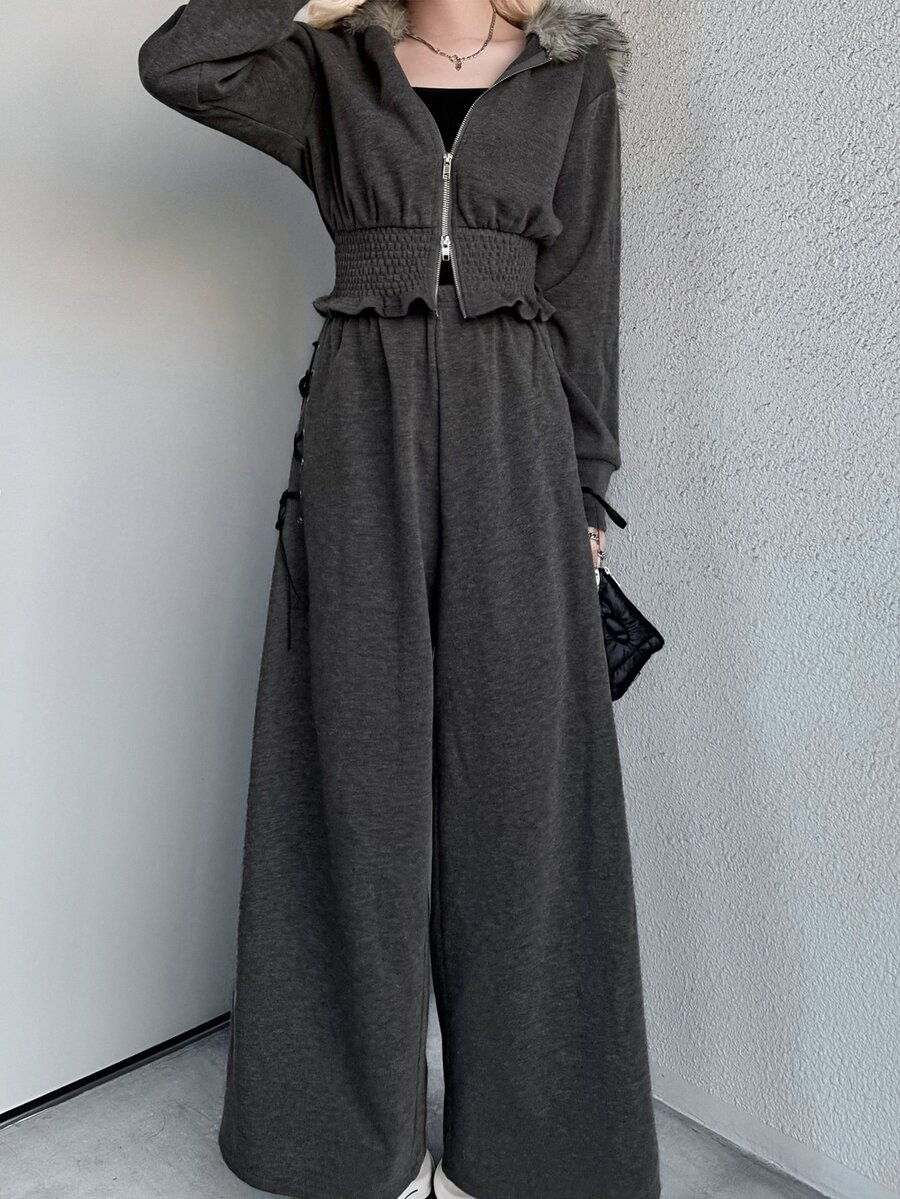 FRIFUL Women's Autumn Hooded Fur Collar Drawstring Sweatshirt And Wide Leg Pants Casual 2 Pieces Set - Grey - View 1