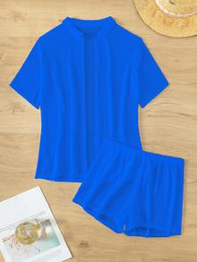 Swim Basics Summer Beach Women's Short Sleeve Cover Up And Shorts Set - Royal Blue - View 3