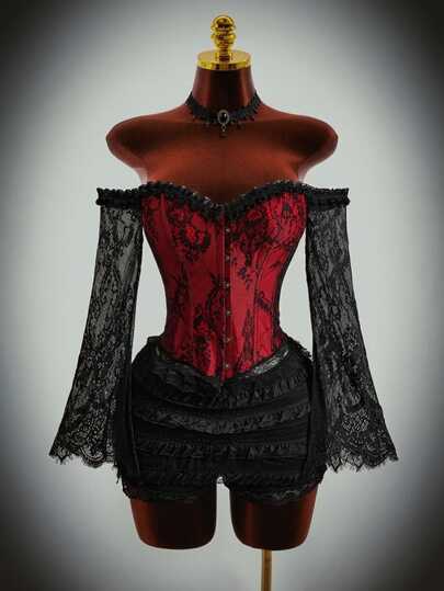 Amplova Top de Jacquard de Manga Larga con Encaje, Hombros Descubiertos, Cintura Ceñida y Contraste de Color Rojo & Negro para Cosplay de Halloween