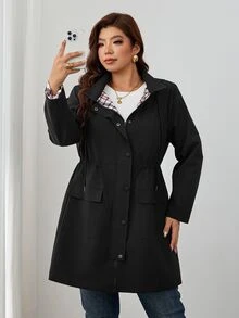 Reflora Plus Size Women's Elegant Autumn/Winter Black Long Sleeve Hooded Button-Up Jacket For Daily Wear Fall - Black - View 5