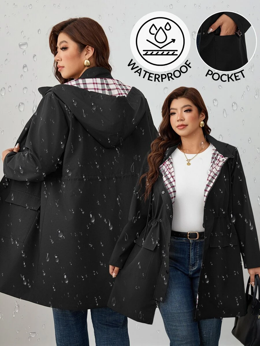 Reflora Plus Size Women's Elegant Autumn/Winter Black Long Sleeve Hooded Button-Up Jacket For Daily Wear Fall - Black - View 1
