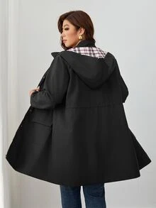 Reflora Plus Size Women's Elegant Autumn/Winter Black Long Sleeve Hooded Button-Up Jacket For Daily Wear Fall - Black - View 2