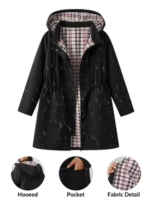 Reflora Plus Size Women's Elegant Autumn/Winter Black Long Sleeve Hooded Button-Up Jacket For Daily Wear Fall - Black - View 9