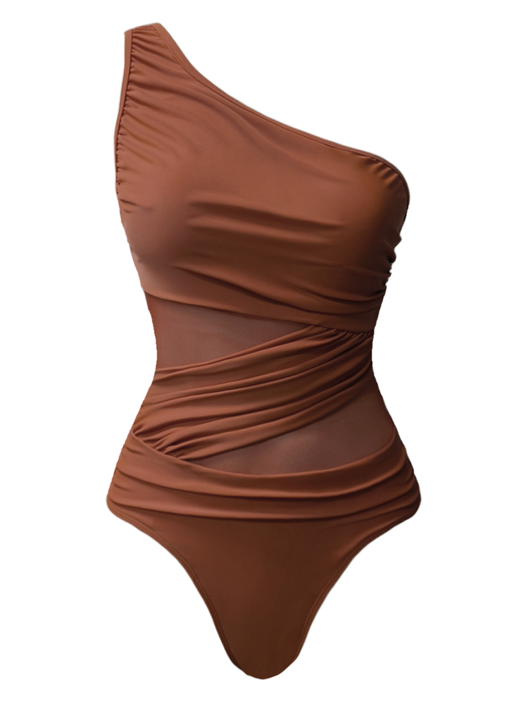 Swim Oasis 2pcs/Set Women One-Piece Solid Color Ruched Monokini With Printed Sarong - Coffee Brown - View 4