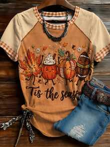 EMERY ROSE 大尺碼女款 Tis The Season 圖案印花 T-shirt，可愛南瓜楓葉美式足球印花短袖上衣，格紋飾邊休閒上衣，萬聖節穿搭 - 彩色 - 查看 4