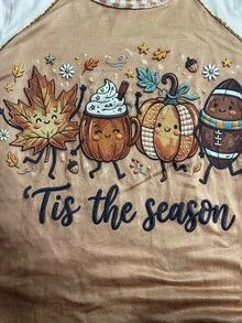 EMERY ROSE 大尺碼女款 Tis The Season 圖案印花 T-shirt，可愛南瓜楓葉美式足球印花短袖上衣，格紋飾邊休閒上衣，萬聖節穿搭 - 彩色 - 查看 5