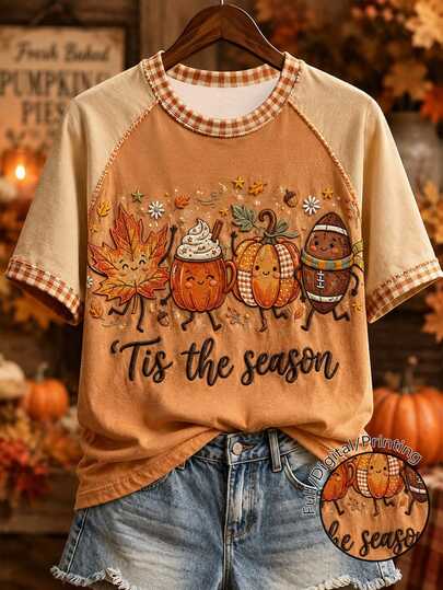 EMERY ROSE Plus Size Women's Tis The Season Graphic Print T-Shirt Cute Pumpkin Maple Leaf Football Print RShort Sleeve Tee Plaid Trim Casual Top,Halloween Outfit