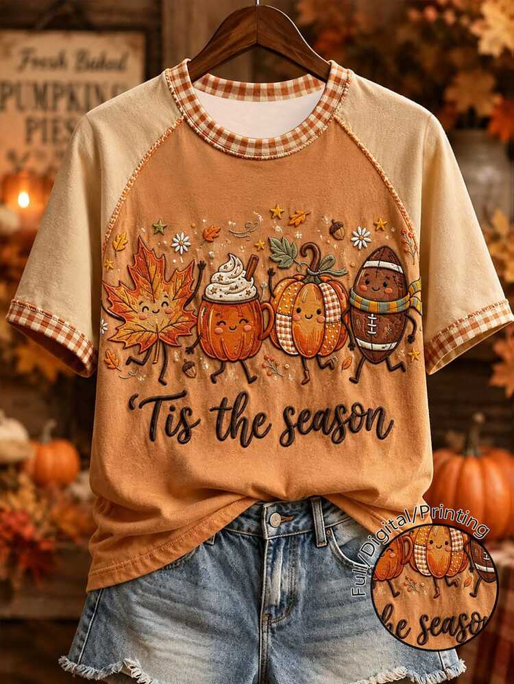 EMERY ROSE Plus Size Women's Tis The Season Graphic Print T-Shirt Cute Pumpkin Maple Leaf Football Print RShort Sleeve Tee Plaid Trim Casual Top,Halloween Outfit - Multicolor - View 1