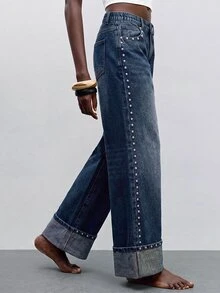 Maija Women's Plus Size Fashion Casual Rivet Decor Denim Jeans, Party, Fall Winter Outfits, Fashionable, Elegant, Street Style, Cute, Flattering Jeans, Date - Blue - View 5