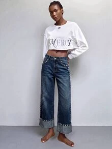 Maija Women's Plus Size Fashion Casual Rivet Decor Denim Jeans, Party, Fall Winter Outfits, Fashionable, Elegant, Street Style, Cute, Flattering Jeans, Date - Blue - View 4