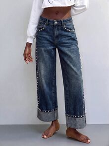 Maija Women's Plus Size Fashion Casual Rivet Decor Denim Jeans, Party, Fall Winter Outfits, Fashionable, Elegant, Street Style, Cute, Flattering Jeans, Date - Blue - View 8