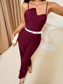 Bluhae Women's Solid Color Bud Bandeau Design Cinched Waist Wide Leg Elegant Jumpsuit, Suitable For Commuting And Everyday Wear - Burgundy - View 5