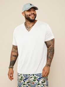 EASEVO Men Plus Size Casual Slim Fit Stretchy V-Neck Short Sleeve T-Shirt, Suitable For Summer, Vacation, Father's Day Gifts, Football - White - View 1