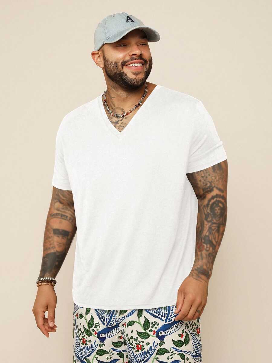 EASEVO Men Plus Size Casual Slim Fit Stretchy V-Neck Short Sleeve T-Shirt, Suitable For Summer, Vacation, Father's Day Gifts, Football - White - View 1