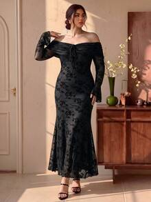 EastFlair Plus Size Elegant Sexy Strappy Off Shoulder Dress Fall - Black - View 4