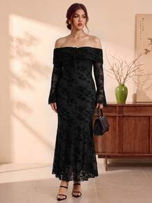 EastFlair Plus Size Elegant Sexy Strappy Off Shoulder Dress Fall - Black - View 5