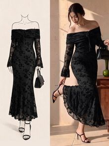 EastFlair Plus Size Elegant Sexy Strappy Off Shoulder Dress Fall - Black - View 1