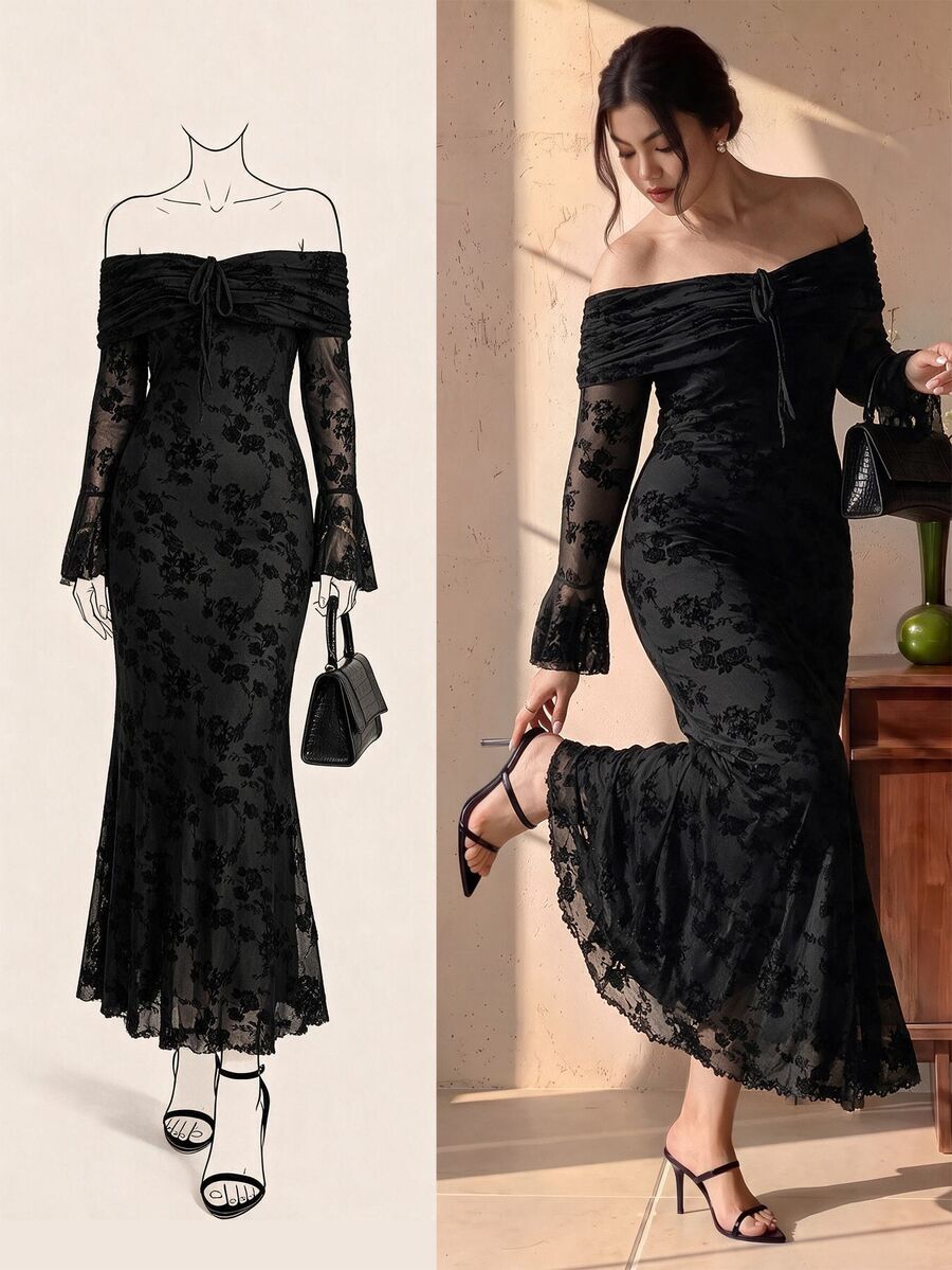 EastFlair Plus Size Elegant Sexy Strappy Off Shoulder Dress Fall - Black - View 1