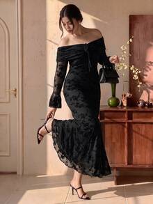 EastFlair Plus Size Elegant Sexy Strappy Off Shoulder Dress Fall - Black - View 3
