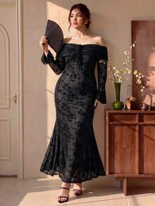 EastFlair Plus Size Elegant Sexy Strappy Off Shoulder Dress Fall - Black - View 2