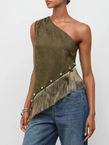 Maija Women's One-Shoulder Sleeveless Patchwork Tassel Hem Top,Going Out Outfits, Work Outfits For Women,Fall Clothes - Army Green - View 7