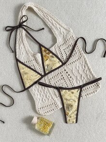 SHEIN Swim 女款夏季海灘拼色掛脖綁帶性感比基尼三角褲兩件式泳衣套裝 - 彩色 - 查看 2
