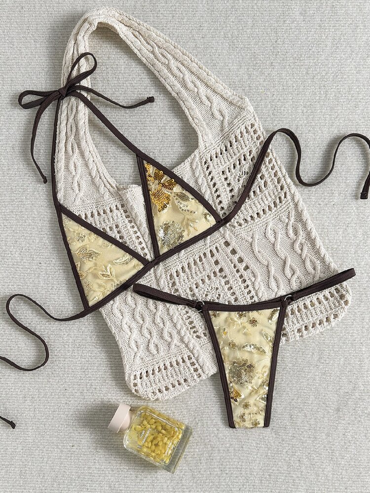 SHEIN Swim Women's Summer Beach Color Block Halter Tie Sexy Bikini And Triangle Bottom Two-Piece Swimwear Set - Multicolor - View 2
