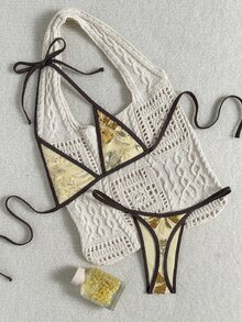 SHEIN Swim 女款夏季海灘拼色掛脖綁帶性感比基尼三角褲兩件式泳衣套裝 - 彩色 - 查看 4