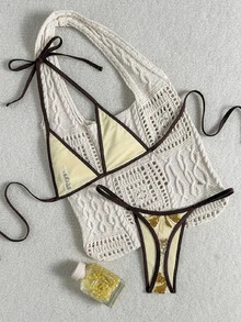 SHEIN Swim 女款夏季海灘拼色掛脖綁帶性感比基尼三角褲兩件式泳衣套裝 - 彩色 - 查看 5