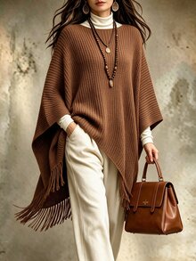 Holdful Holdful Women's Shades Of Brown Solid Color Ribbed Texture Knit Cape Shawl Asymmetrical Hem Tassels Casual Boho Pullover Thanksgiving Everyday Autumn - Brown - View 5