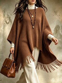 Holdful Holdful Women's Shades Of Brown Solid Color Ribbed Texture Knit Cape Shawl Asymmetrical Hem Tassels Casual Boho Pullover Thanksgiving Everyday Autumn - Brown - View 6