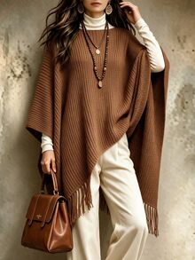 Holdful Holdful Women's Shades Of Brown Solid Color Ribbed Texture Knit Cape Shawl Asymmetrical Hem Tassels Casual Boho Pullover Thanksgiving Everyday Autumn - Brown - View 7