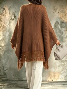 Holdful Holdful Women's Shades Of Brown Solid Color Ribbed Texture Knit Cape Shawl Asymmetrical Hem Tassels Casual Boho Pullover Thanksgiving Everyday Autumn - Brown - View 3