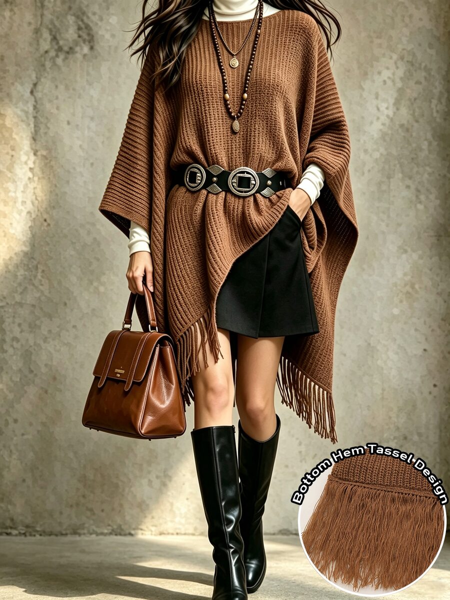 Holdful Holdful Women's Shades Of Brown Solid Color Ribbed Texture Knit Cape Shawl Asymmetrical Hem Tassels Casual Boho Pullover Thanksgiving Everyday Autumn